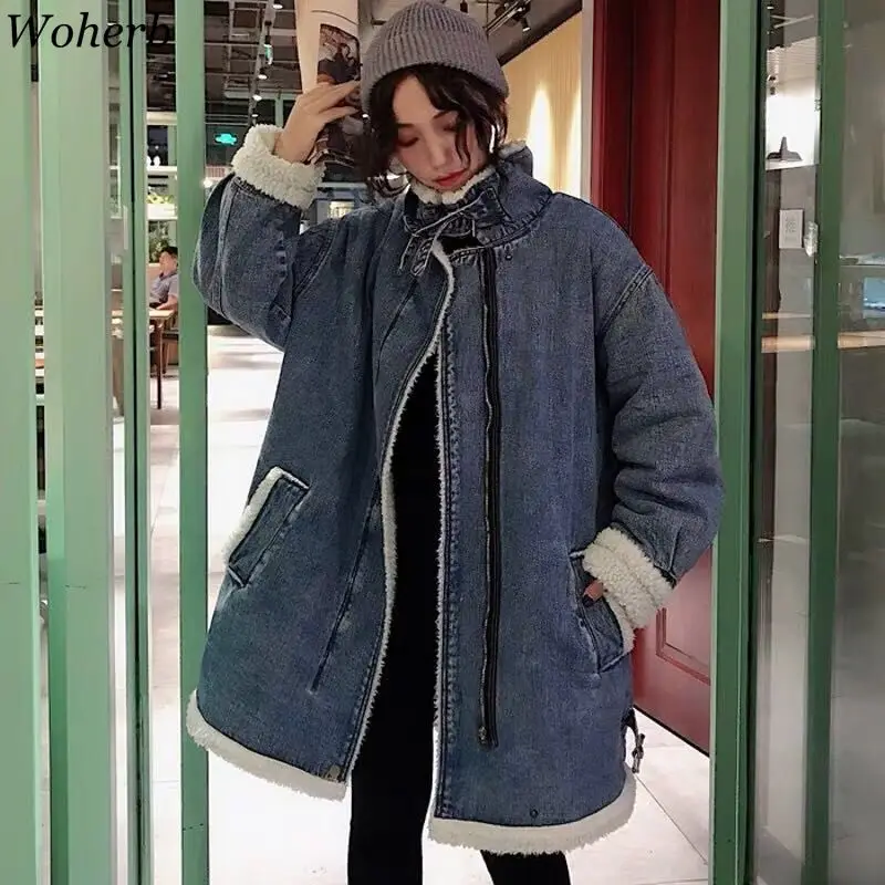 Woherb/ джинсовая куртка для женщин теплые зимние длинные плотные джинсовые куртки корейские девушки шерсть подкладка стеганые пальто свободная повседневная верхняя одежда