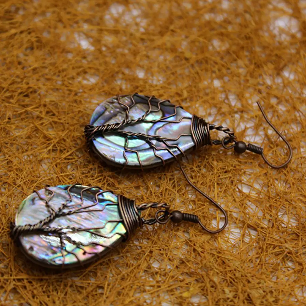 

6 Pair Retro Double-sided Abalone Shell Earrings Water Drop Handmade Tree Of Life Reiki Earrings Fashion Jewelry For Women Party