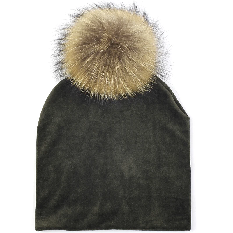 army green A Geebro, Женская Велюровая шапочка, 15 см., мех енота, помпон, зимняя, полиэстер, мягкая, теплая, громоздкая шапочка для женщин, женские бархатные шапки - Цвет: army green A