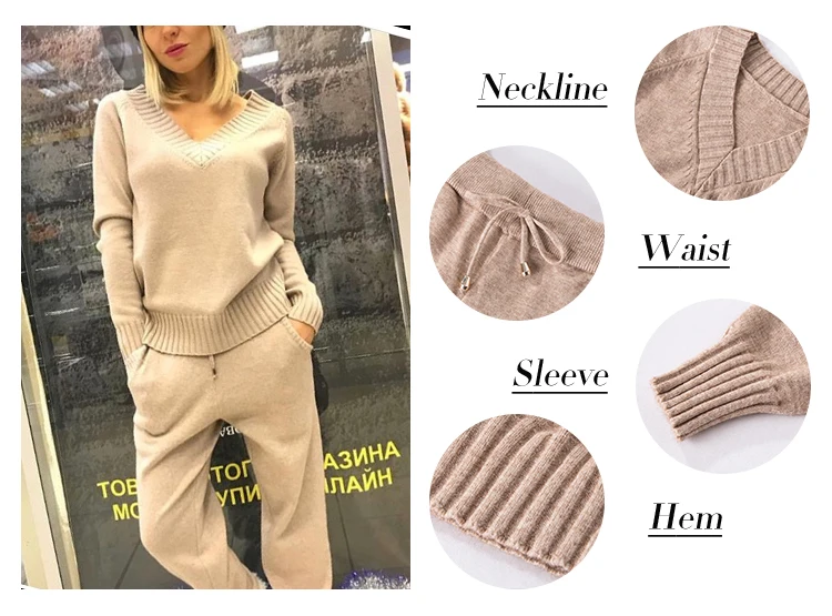 Women track suits sets Autumn Winter V-neck pullovers + long pants sets Soft warm knitted sweater track suits