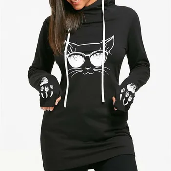 

2018 Autumn Fashion Women Cat Printed Hoodie Sweatshirts Casual Long Loose Hoody Tops Pullover Sweatshirt Femme