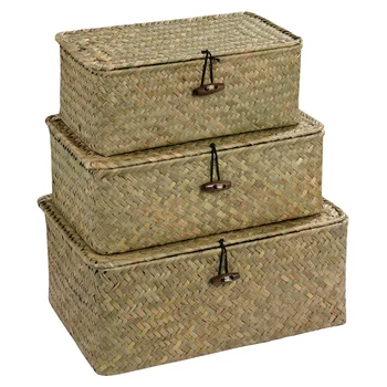 

Vosarea 3pcs New Seaweed Woven Basket 3 Sizes Desktop Sundries Storage Box Clothes Storage Organizer with Lid for Home Bedroom