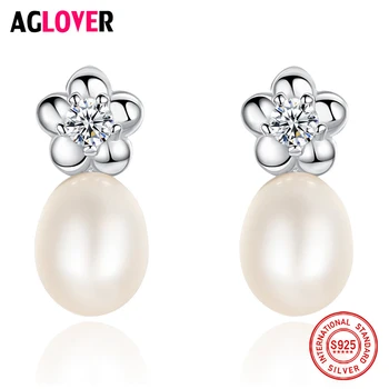 

AGLOVER Pearl Earrings For Women 925 Silver Earrings Plum Blossom Zircon Inlay Genuine Natural Freshwater Pearl Jewelry Gift