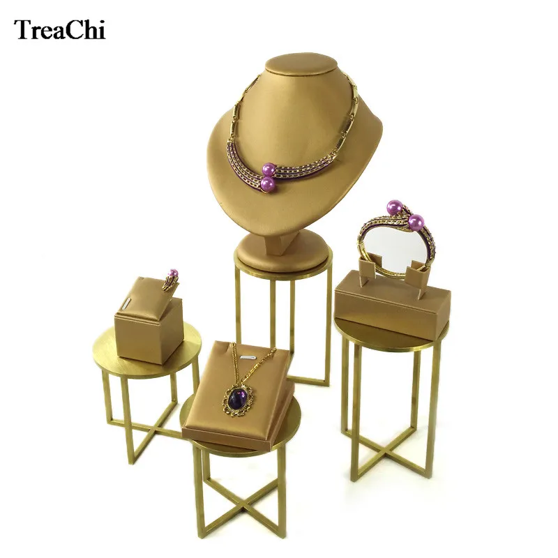 

Luxury Stainless Steel Store Window Jewelry Display Rack Gold PU Bracelet Glasses Bangle Earring Necklace Organizer Holder Stand