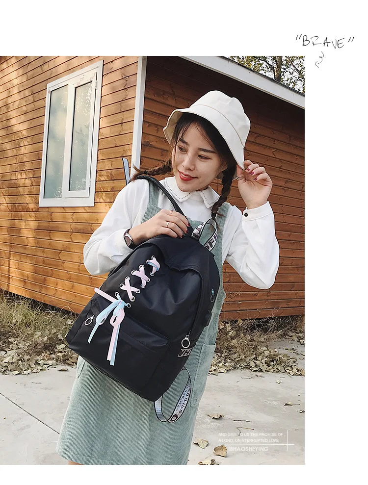 Cross Border for Oxford Cloth Backpack Women's Fashion Korean-style Casual WOMEN'S Bag Middle School Students School Bag Ribbon