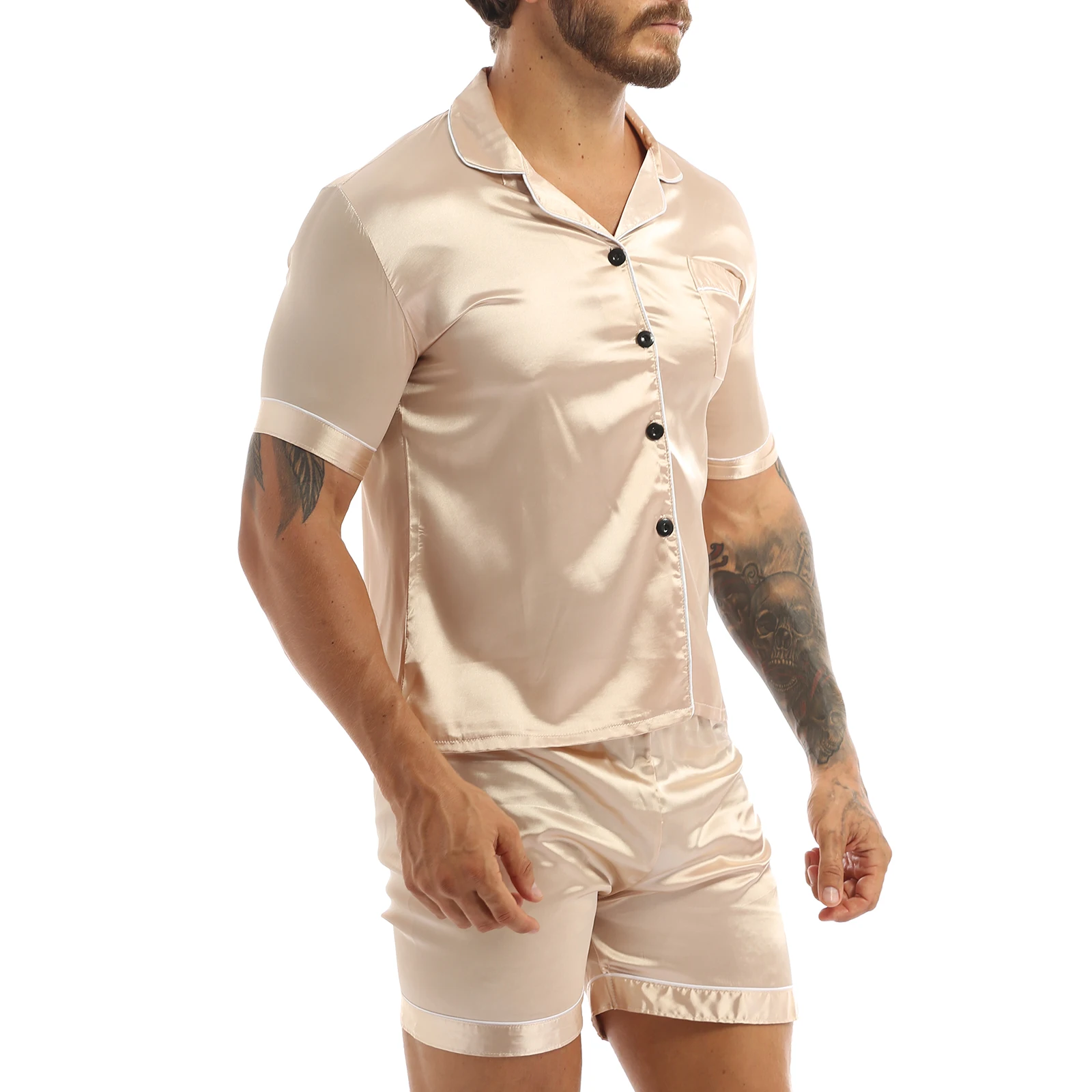 Mens Silky Satin Pajamas Set Lounge Sleepwear Nightwear Notch Collar Button Down Shirt Top with Elastic Waist Boxer Shorts mens pjs sale