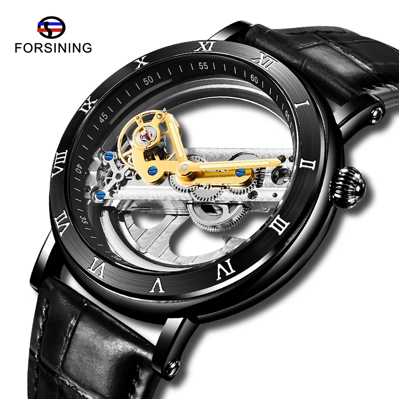 Forsining Double Side Transparent Automatic Men Watch Top Brand Luxury Skeleton Black Leather Wristwatch Relogio Masculino | Наручные