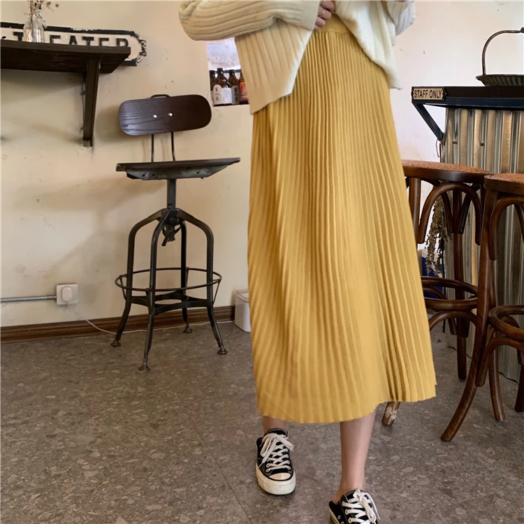 yellow skirt Женские элегантные длинные юбки из смешанного хлопка, эластичные юбки с высокой талией в Корейском стиле для вечеринок, женские юбки на осень и зиму - Цвет: yellow skirt