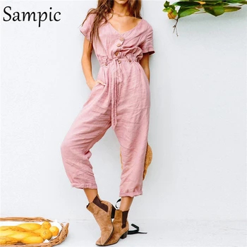 

Sampic pink white casual loose short sleeve rompers womens beach jumpsuit elegance summer bandage jumpsuit elegance 2020