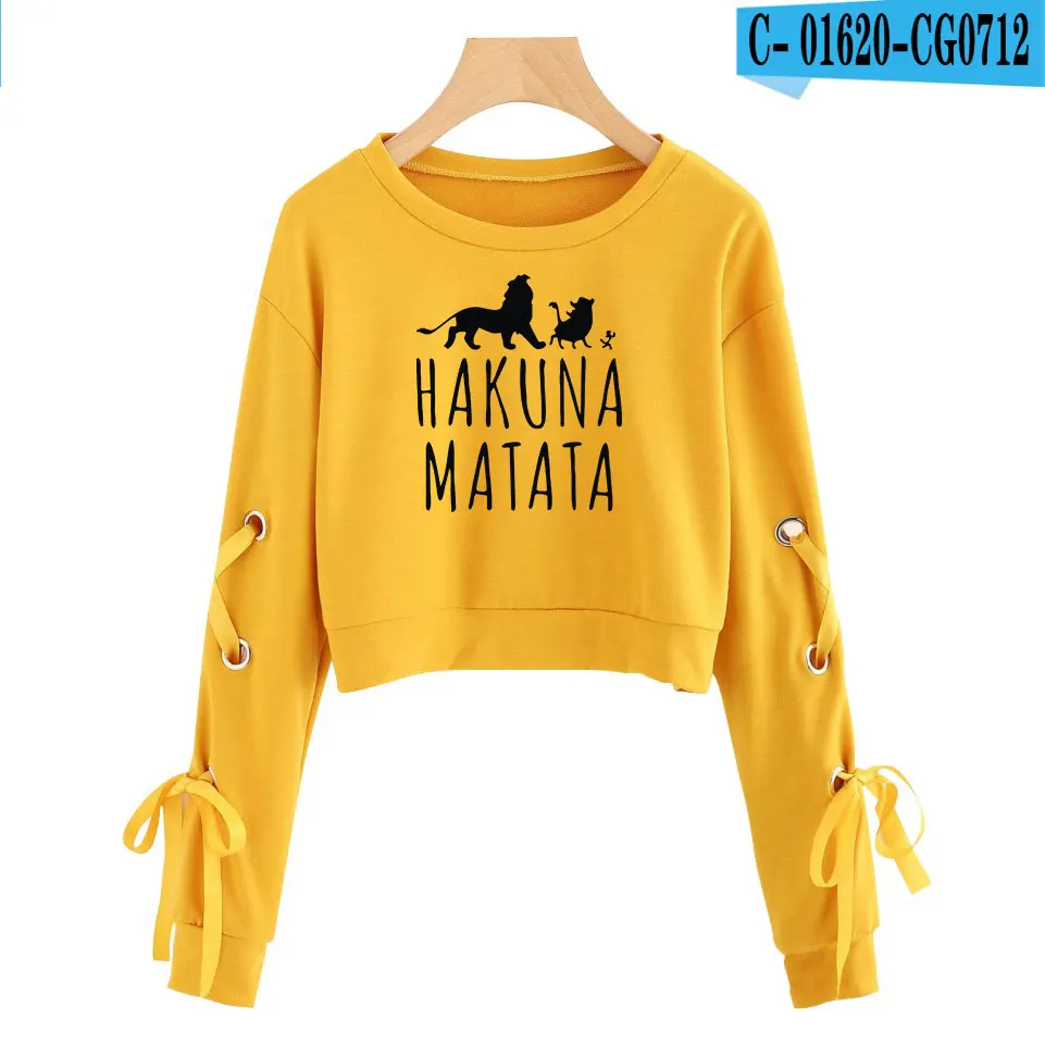 Yellow Одежда с рукавами «Король Лев» хакуна матата, ажурные толстовки с капюшоном и бантиком, Женская хлопковая толстовка, сексуальный укороченный топ, одежда - Цвет: Yellow