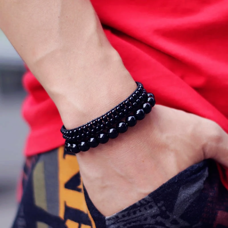 Pulsera de obsidiana negra para hombre y mujer, brazalete de cuerda trenzada ajustable, accesorios para hombre y mujer bolas pulseras pulseras para parejas pulseras para parejas regalos para hombre hombre| Pulseras de