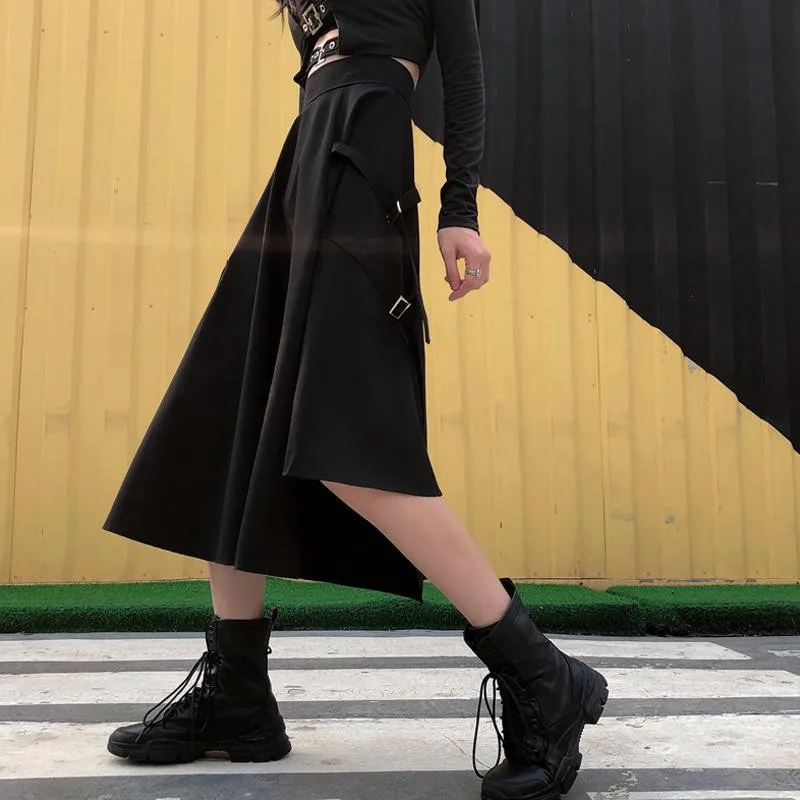 Gothic Punk Women High Waist Black Long Skirts With Pocket Harajuku Cool Girls Vintage Gray Irregular A-line Fashion Midi Skirts