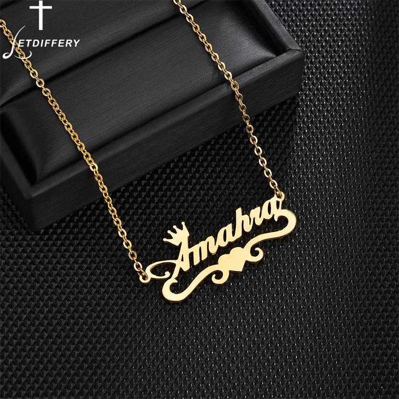 

Letdiffery Personalized Custom Name Crown Pendant Necklaces Heart Necklace Stainless Steel Nameplate Jewelry for Women Gift