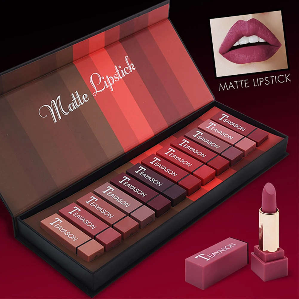 12 Matte Lasting Sexy Red Matte Lot Cosmetic Waterproof Long Lasting Pigment Velvet Sexy Matte Lip Naked Lipstick Kits Cosmetics