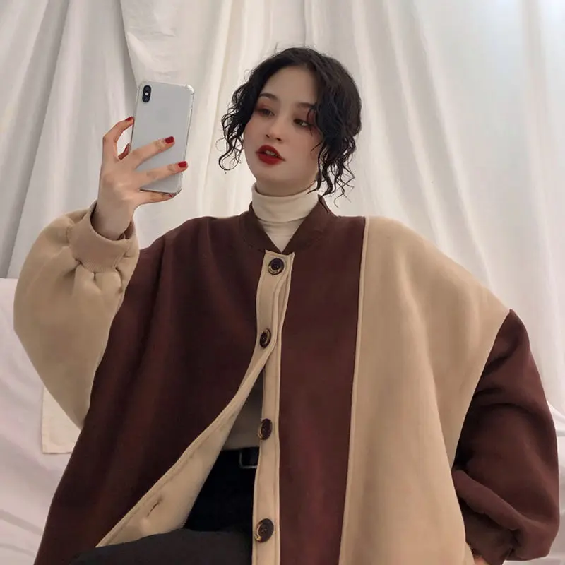 Женские толстовки в стиле пэчворк размера плюс, 2XL, теплые, Boyfriend, унисекс, для пар, уличная одежда, подходят ко всему, повседневная женская верхняя одежда, утолщенная зимняя - Цвет: brown thick