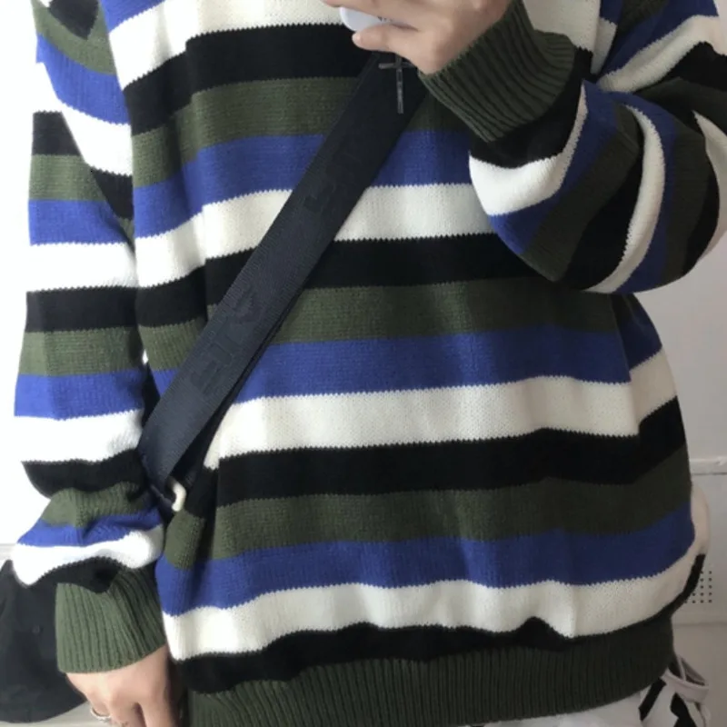 Winter Striped Sweater Men Warm Fashion Contrast Color Casual Knit Sweaters Man Sweter Clothes Loose Long-sleeved Pullover Men