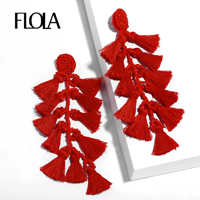

FLOLA Bohemian Red Tassel Earrings Long Handmade Statement Thread Earrings Dangle Jewelry Pendientes 2019 Fall Earrings ersq86