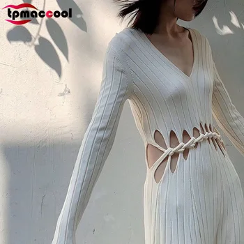 

Tpmaccool luxury designer women high end 2020 Spring Summer Deep V neck Slim Fit hollow out sexy knitted midi Party Dress S-L