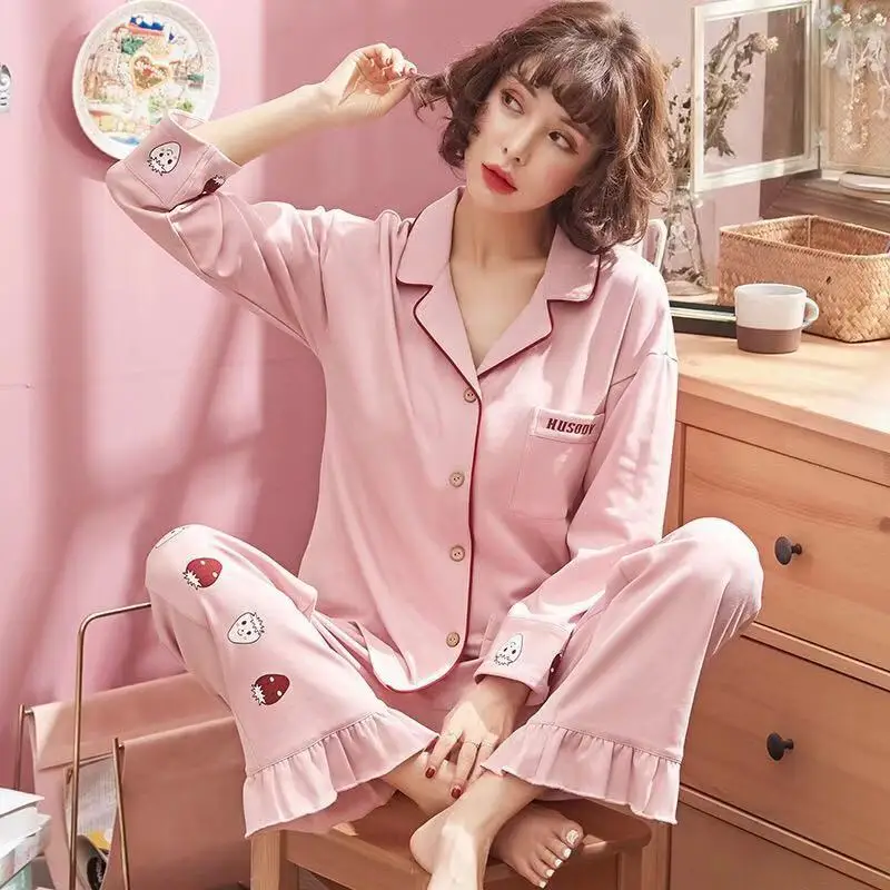 Женская одежда для сна, Осень-зима, Корейская версия, тонкий хлопок, Пижамный костюм, длинный рукав, штаны, костюм, милая свежая Студенческая Женская домашняя одежда - Цвет: Light pink