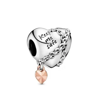 

Original 925 Sterling Silver Bead Rose Chained Heart Charm Keep Me Safe Fit Pandora Bracelet Bangle DIY Women Jewelry