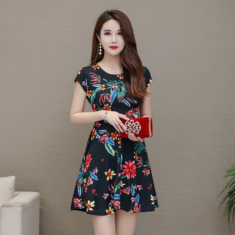 

Summer New Style Mid-length Middle-aged Women Dress Floral-Print Middle-aged Large Size Dress Short Sleeve Printed Base A- line