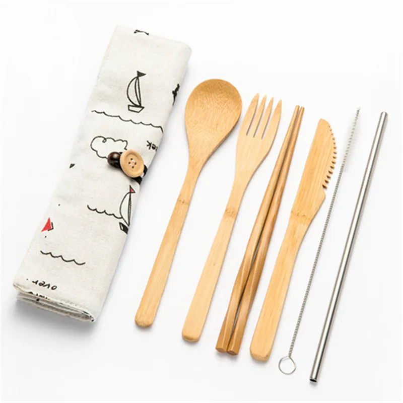 7pcs Mstraw11 Портативный столовый набор Красивая скатерть деревянная техника контейнер для бамбуковых столовых приборов набор ложка для пикника деревянный набор для кемпинга - Цвет: 7pcs Mstraw11
