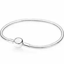 Серебряный браслет из натуральной 925 пробы Moments с гладкой застежкой в виде шарика и змеиной цепочкой, базовый браслет для женщин, модное ювелирное изделие с шармом из бисера