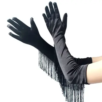 

Women Long Gloves Party Latin Dance Ceremonial Sexy Tassel Satin Glove