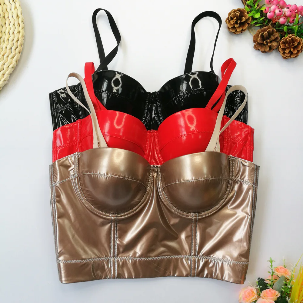 Sexy stain bra for women bright leather crop top camisole spot sexy tube top with steel ring PU leather fishbone brassiere femme