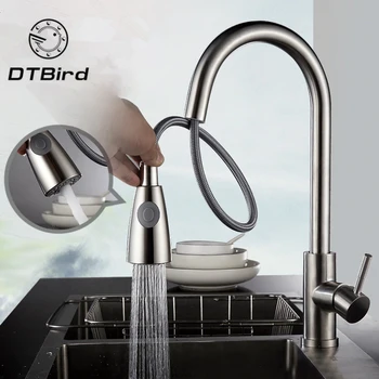 

Kitchen Faucets Silver Single Handle Pull Out Kitchen Tap Single Hole Handle Swivel 360 Degree Water Mixer 304 Stainless Steel