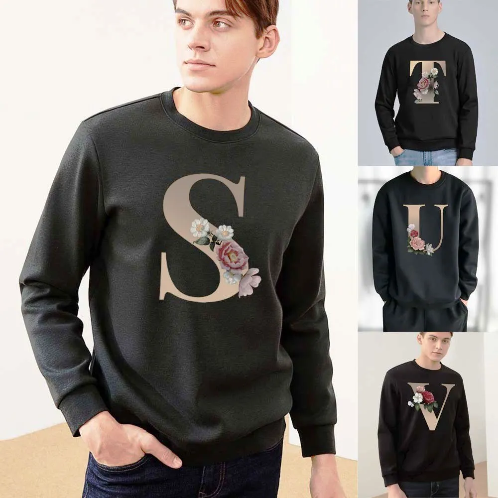 

Men's O-neck Black Long Sleeve Pullover 26 Letters Printed Harajuku Men Hoodie Sweatshirt Teen Boys Street Sports Pullover