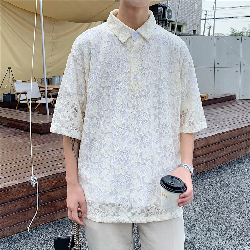 Men Net Celebrity Hollow Embroidery Streetwear Fashion Vintage Long Sleeve  Loose Casual Shirts Male White Dress Shirts - AliExpress