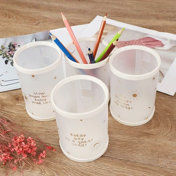 

1 Pcs Cute Stationery PP Animal Cat Star Transparent Frosted Round Pen Holder Students Supplies Pencil Holders Gifts