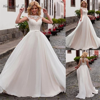 

Hot 2020 Long Chiffon Beach Wedding Dress With Lace Appliques Simple Style Open Back Bridal Dress Plus Size Custom Made