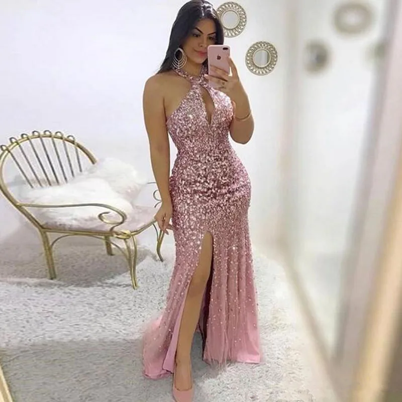 

Mermaid Prom Dresses Sequined Sexy Hater Side Split Evening Gown Formal Gowns Pink Beading Long Evening dresses 2020