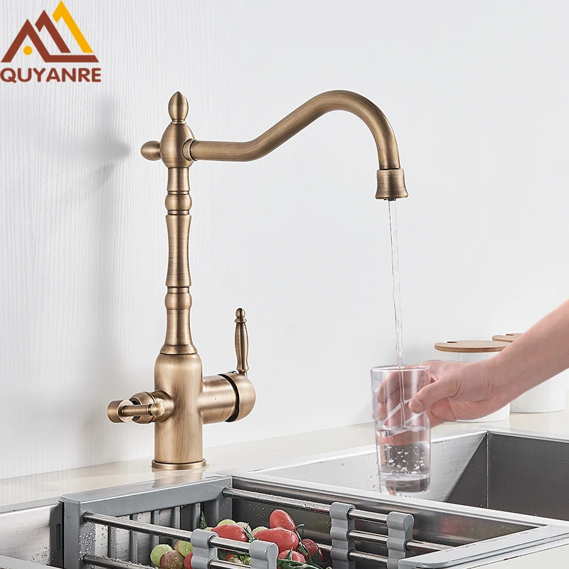 Antique Brass Filtered Kitchen Faucet Purify Faucets Mixer Tap Hot Cold Water 360 Rotation Water Purification Water Crane Tap