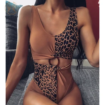 

Peachtan Leopard print swimwear women bathers Patchwork bikini Brazilian bodysuit one-piece Hollow out push up swimsuit female