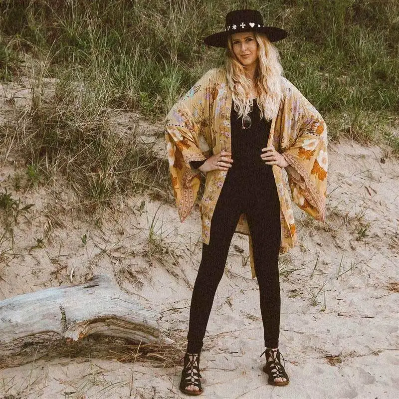 GypsyLady, кимоно с цветочным принтом в пустыне для женщин, 3/4 рукав, пояс, Boho, кимоно, открытая передняя часть, пляжный топ,, цыганская летняя блузка, Топ