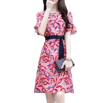 

Women's Round Neck A-Line Lace Up Casual Floral Print Short Sleeve Chiffon Midi Dress