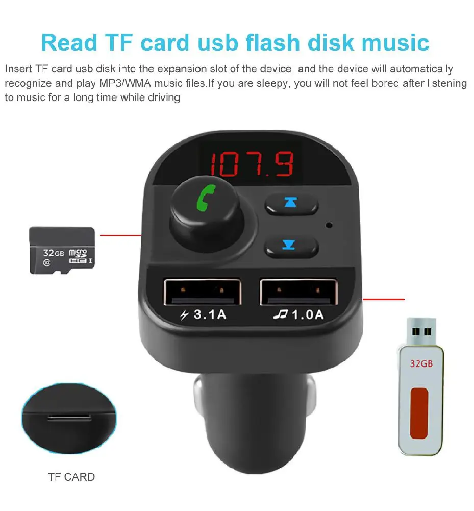 Автомобильный Bluetooth MP3-плеер, fm-передатчик, беспроводной радио адаптер, двойной USB 3.1A, автомобильное зарядное устройство, светодиодный дисплей