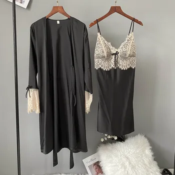 

Lisacmvpnel Women's Sexy Eyelash Lace Robe Set Ice Silk Soft Touch Pyjamas