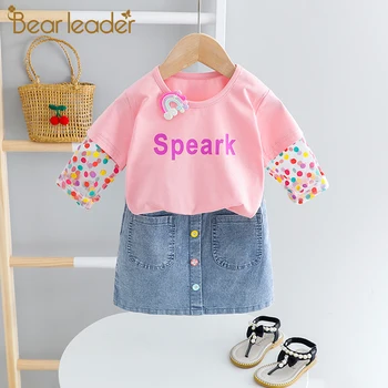 

Bear Leader Kids Clothing Sets Girls Clothing New Letter Pattern Short Sleeve Denim Skirt Girls Outfits Polka Dot Girls Outfits