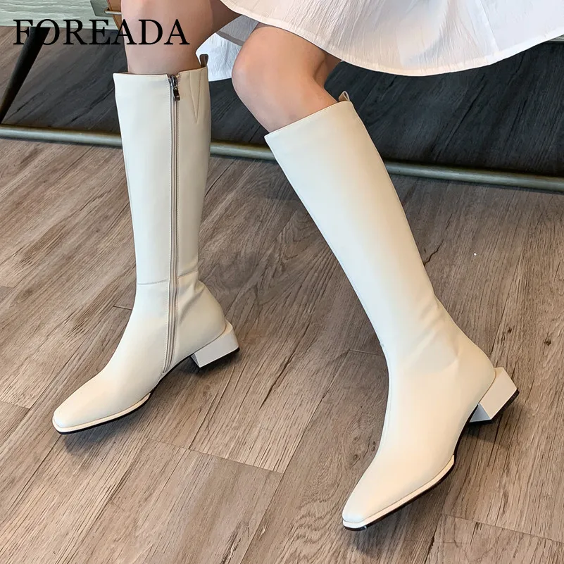 

FOREADA Knee High Boots Woman Med Heel Riding Boots Zip Block Heel Long Boots Square Toe Female Shoes Autumn Winter Beige 33-40