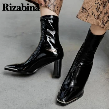 

Rizabina Women Ankle Boots Fashion Shoes Square Toe Thick High Heel Zipper Solid Color New Winter Female Footwear Size 34-40