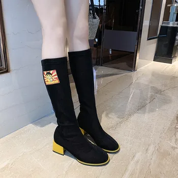 

2020 New Winter Women's Boots Fashionable Pull-on High-heeled Suede Boots Round-toe Inner-increasing Square-heeled Women's Boots