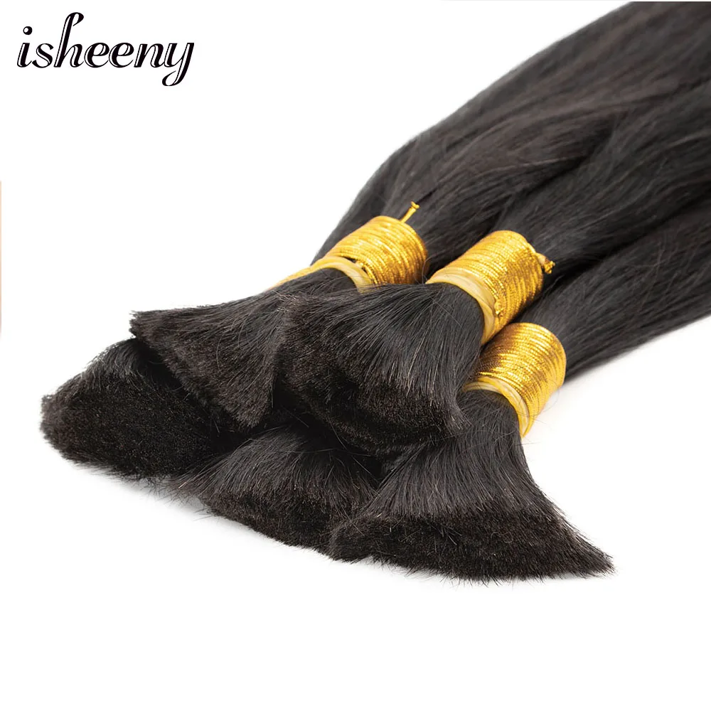 Isheeny Natural Black Human Hair Bulk Bundles 12"-26" No Weft European Remy Human Hair Raw Salon Material Extensions 100g