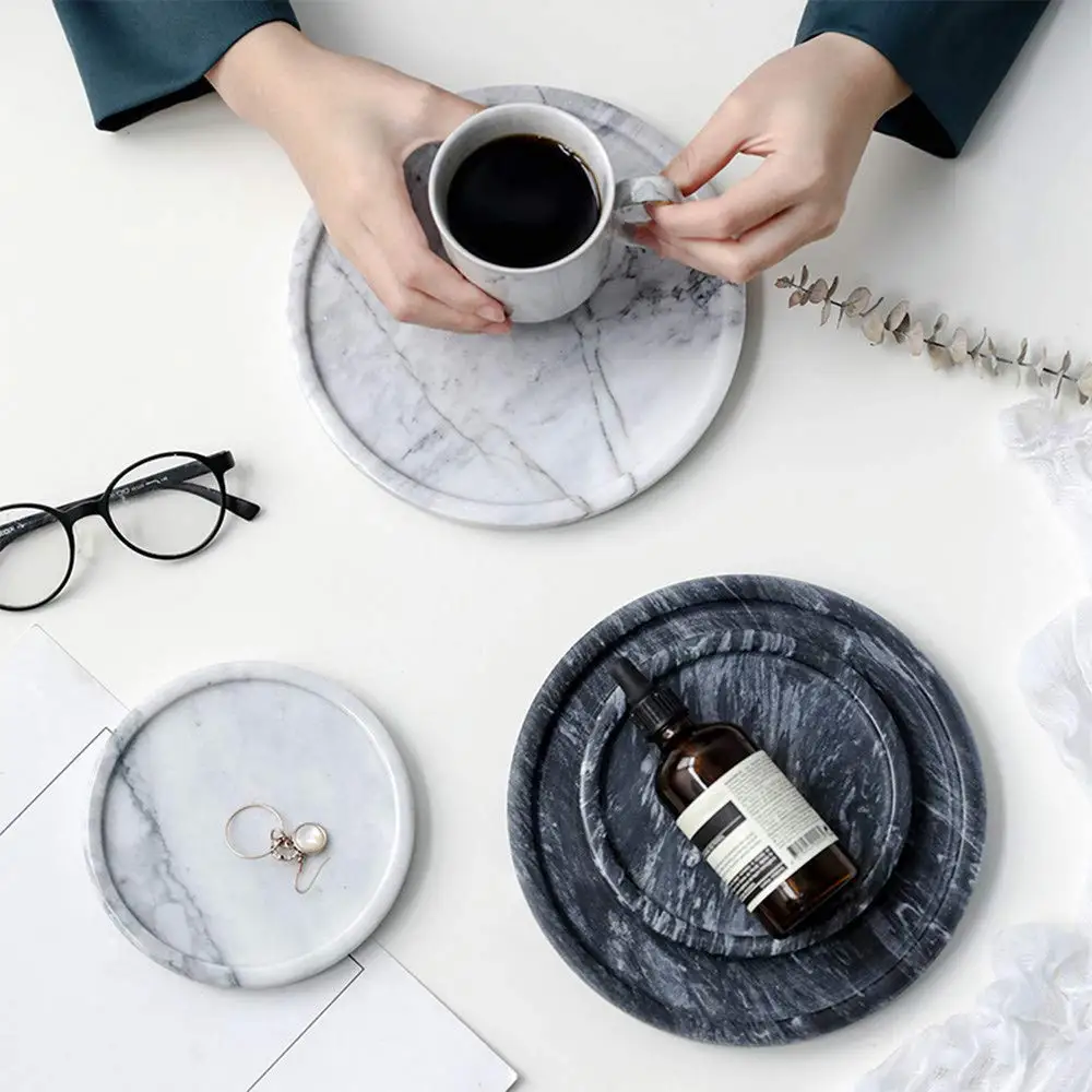 Natural Real Marble Mini Round Tray Decorative Cup Coasters Jewelry Cosmetics Storage Holder (14X14X1.2CM)