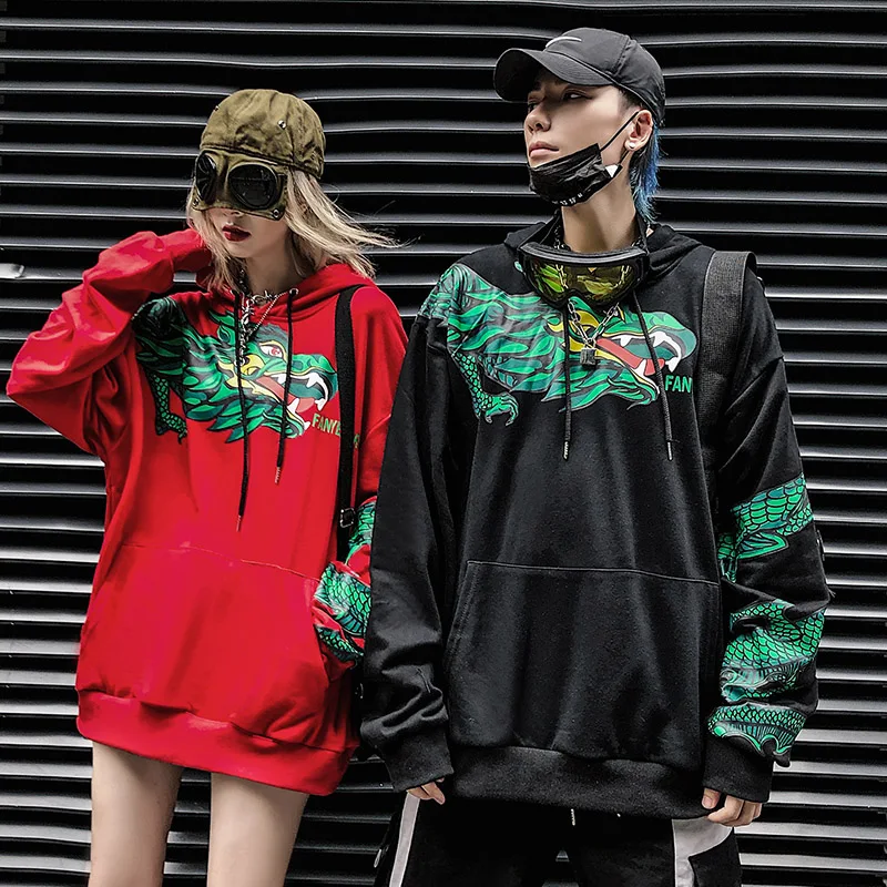 

Fashion Street Dragon Print Hoodies Hip Hop Terry Hoodies Hiphop Style Swag Tyga Autumn Winter Oversize Clothing