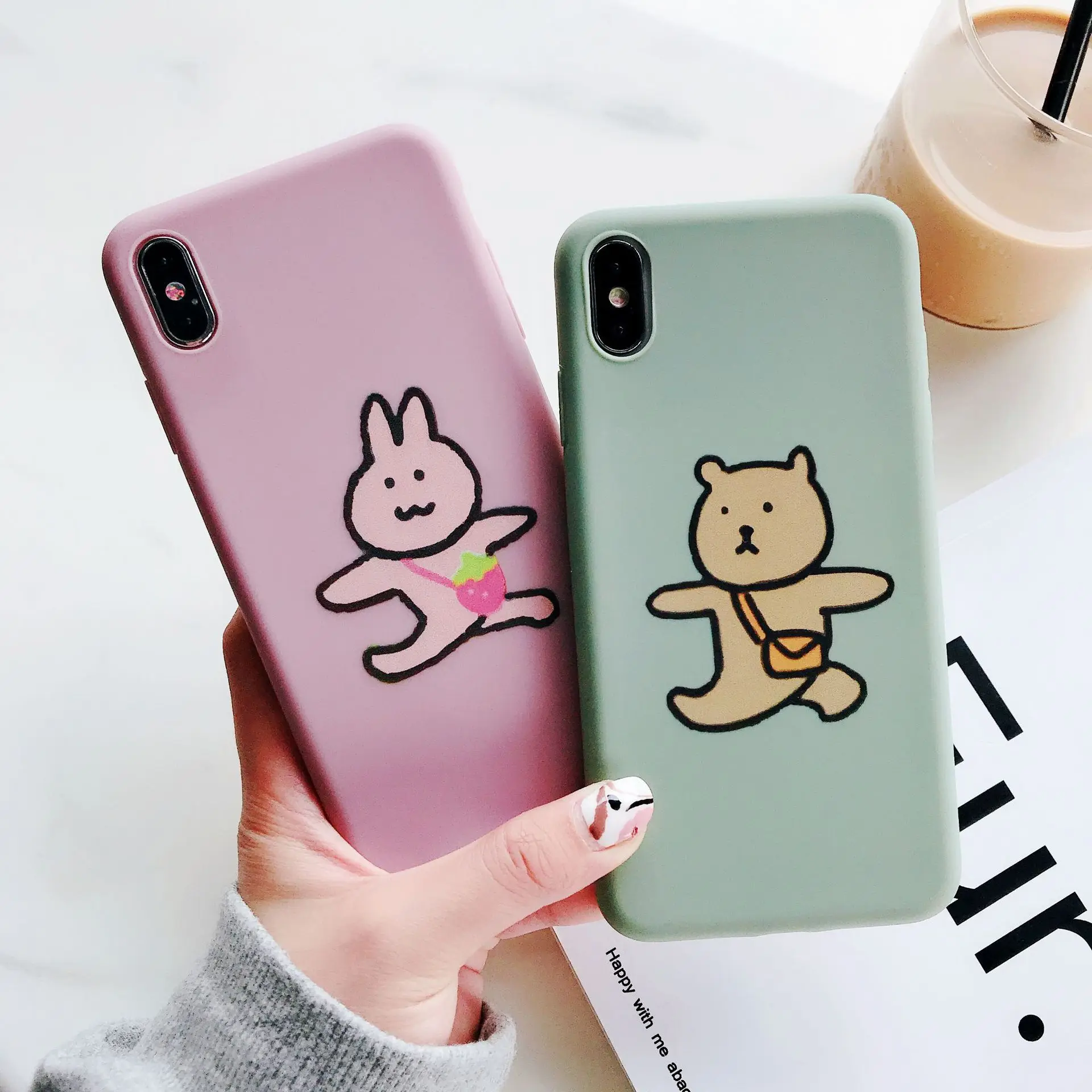 

PGSD Cute Cartoon Backpack Bear Rabbit Couple Mobile phone shell for iphone XS MAX XR apple 7/8Plus 6S Soft case protect cover