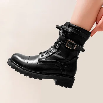 

SaraIris Ladies Genuine Leather Brand Design Lace Up Buckle Ankle Boots Fashion Motocycle Boots Women Buckle Shoes Woman